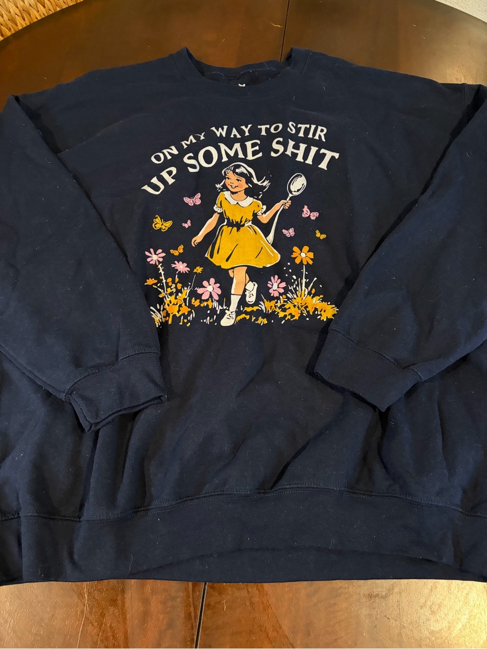 Navy Graphic Crewneck Sweatshirt with Yellow Floral Motif